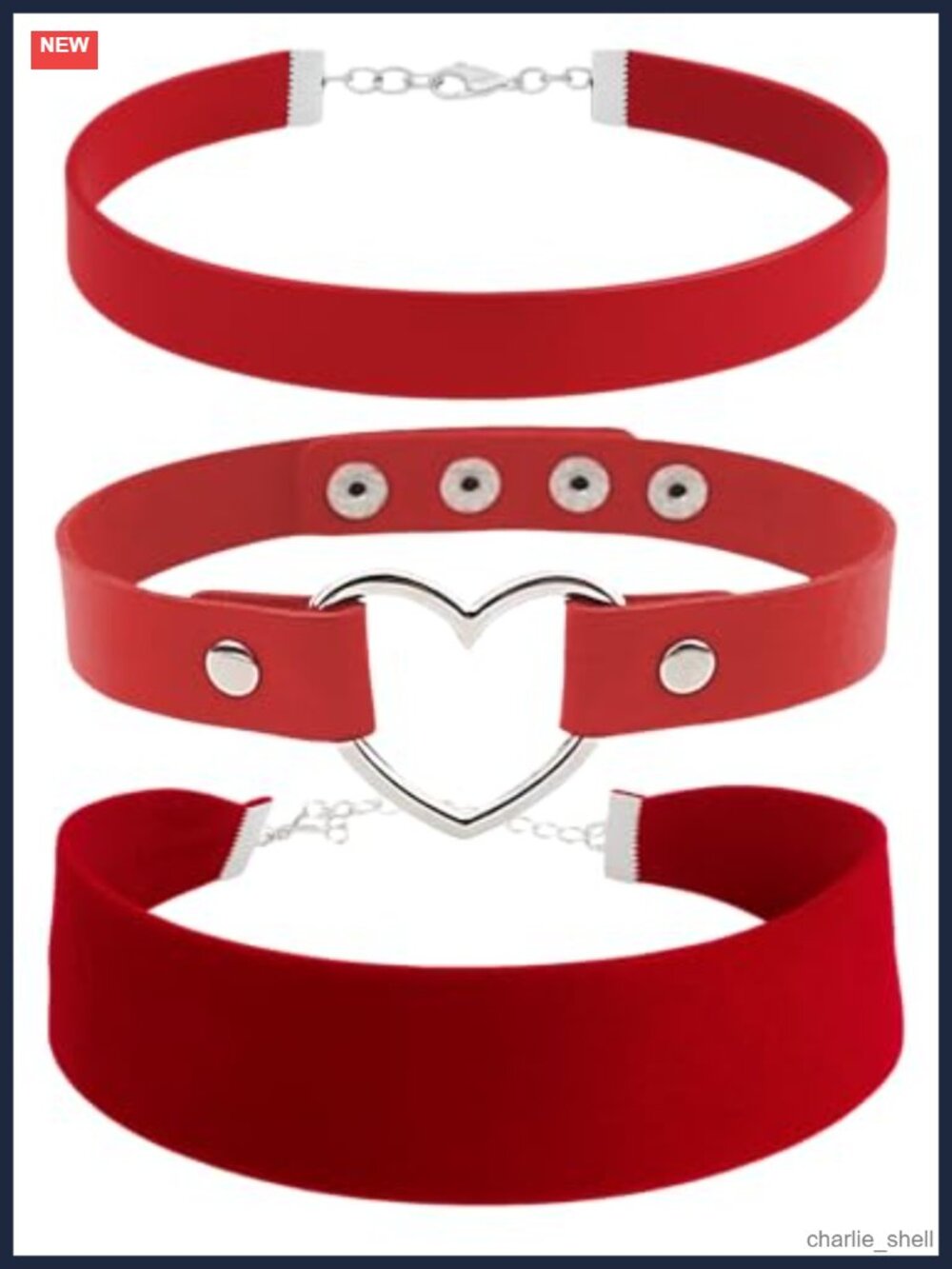 3-Pack Choker Set Velvet Leather Heart Pendant Adjustable Stainless Steel